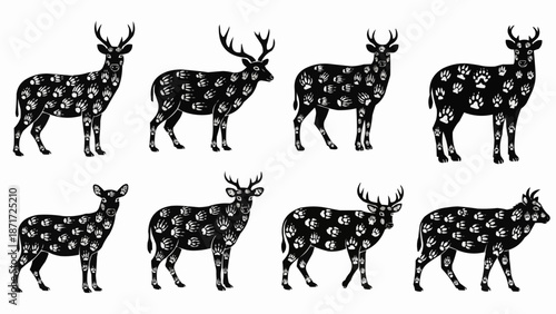 Collection of Stylized Deer Silhouettes with Floral Patterns.