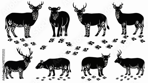 Collection of Deer and Antelope Silhouettes with Footprints.