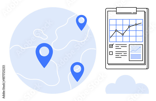 Location tracking, business analytics, logistics planning, data visualization, global trends, statistical research. Blue location pins on a globe and a clipboard with graphs. Location tracking