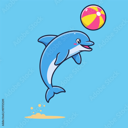 Cute cartoon dolphin jumping out of the water and playing with a ball in the blue ocean illustration
