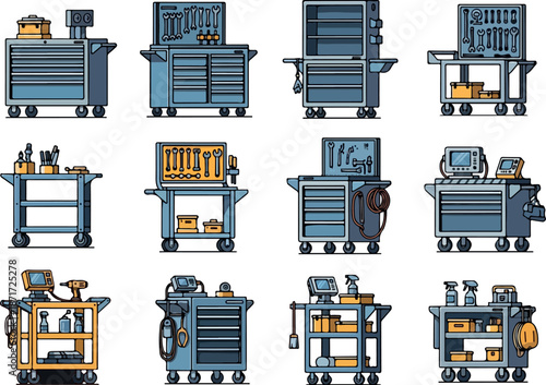 Collection of Illustrated Tool Trolleys for Garages and Workshops