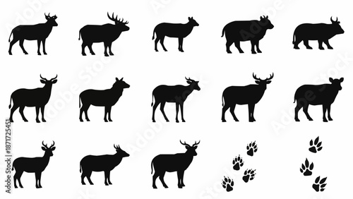 Collection of Deer and Animal Silhouette Icons with Paw Prints.