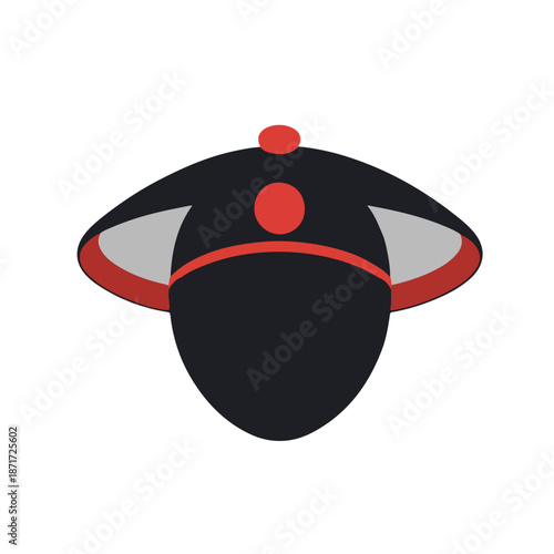 a traditional Chinese skullcap hat (Gua Pi Mao), black with red top button and rim