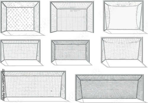 Assorted Football Goals Different Styles and Perspectives in Detailed Grayscale Line Art
