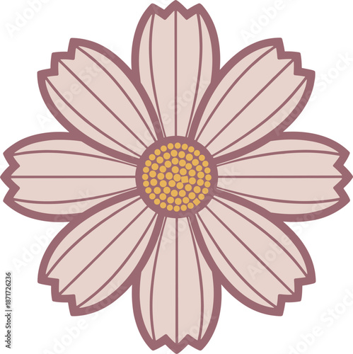 Pink flower with yellow center and brown outline petals floral