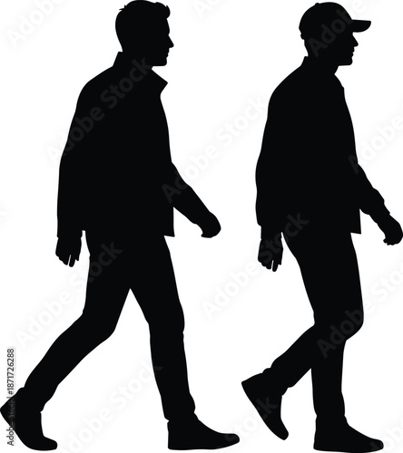 Two men walking silhouettes side view, casual male pedestrians motion, urban lifestyle people concept, isolated black figures on white background