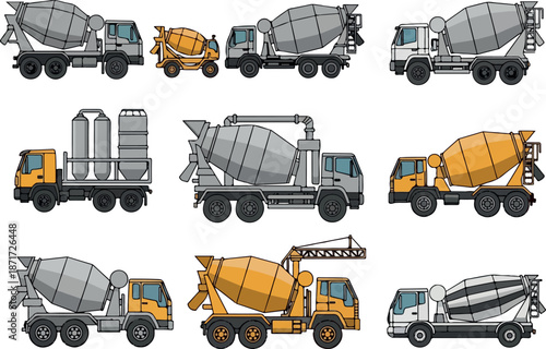 Variety of Concrete Mixer Trucks Transportation and Construction Vehicles