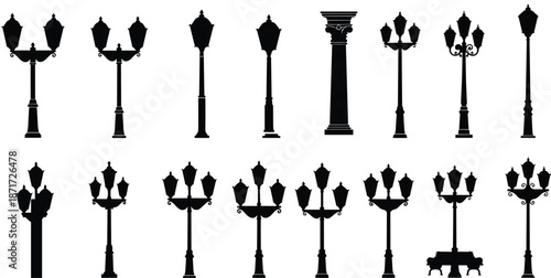 Vintage street lamp silhouettes set, classic outdoor lantern posts collection, decorative city lighting elements isolated on white background illustration