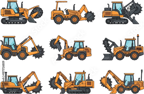 Collection of Vector Trenching Machine Illustrations