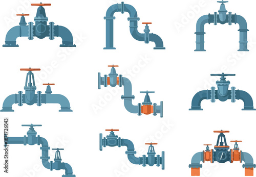 Detailed Cartoon Illustration of Industrial Pipe Fittings for Plumbing Systems
