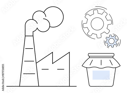 Manufacturing, production, automation, food industry, industrial processes, sustainability. Factory with smoke stack, rotating gears and a sealed jar. Manufacturing and automation visual concept