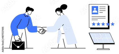 Two professionals shaking hands showcasing collaboration alongside a resume with star ratings and a solar panel graphic. Ideal for job market, hiring processes, green energy, teamwork, business