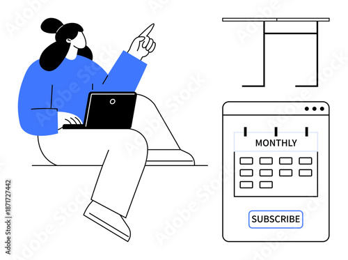 Digital subscriptions, time management, online booking, productivity, SaaS platforms, design concepts. Woman with laptop pointing upward, calendar labeled monthly. Digital subscriptions and time