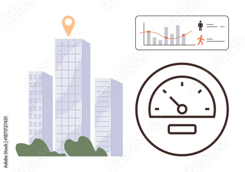 Urban planning, data monitoring, smart cities, performance metrics, real estate analytics, location tracking. Skyscrapers with a location pin, a gauge and an analytics chart. Urban planning and data