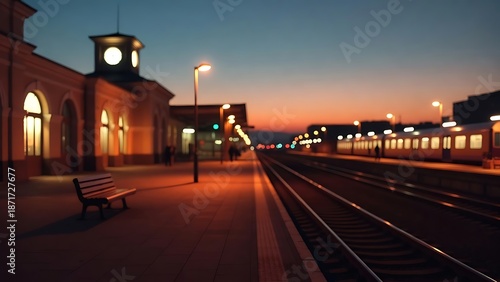 Train station platform at dusk with illuminated building