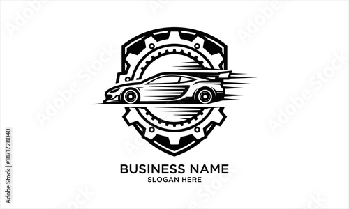 Dynamic sports car racing through a gear shield emblem logo design.