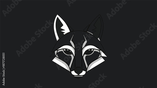 Geometric fox face illustration in black and white, minimalist design, modern art.