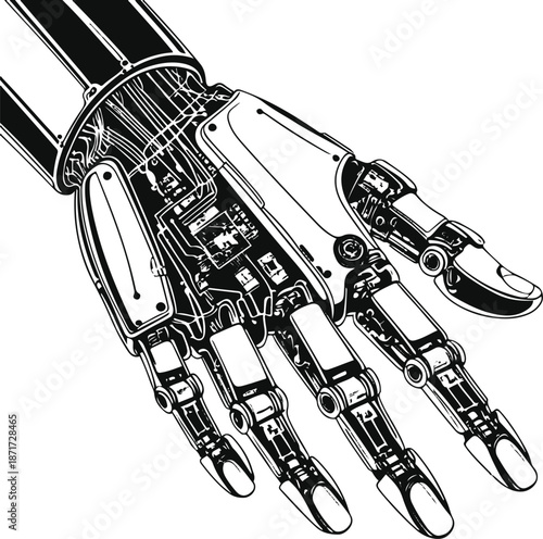 Clean line art of a robotic hand gently holding a human hand, future human-technology connection concept, black and white vector 1