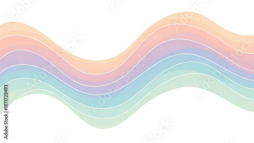 Soft pastel wavy lines forming a rainbow gradient arc across a clean white background with a gentle flowing motion and subtle texture with abstract