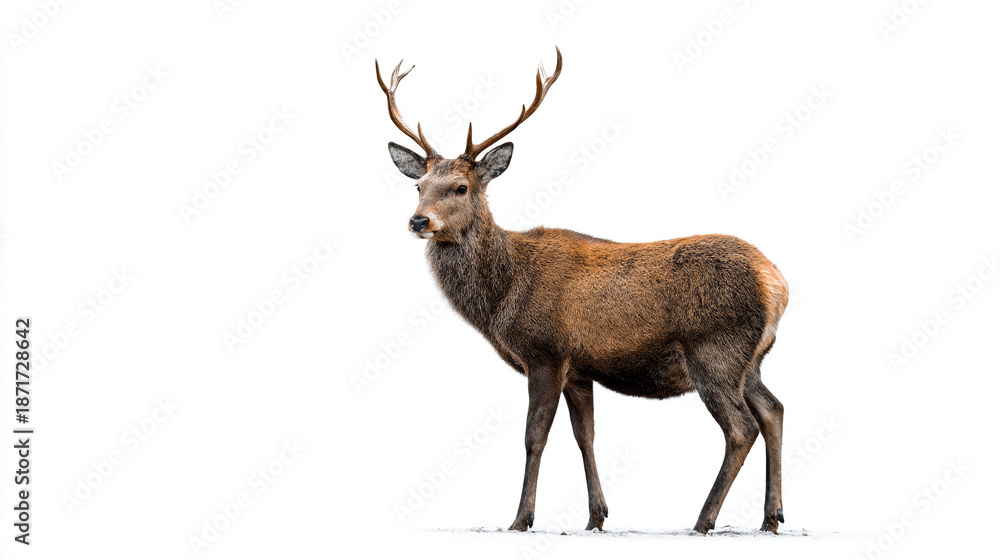 Obraz premium A large brown deer with antlers stands on a snowy surface