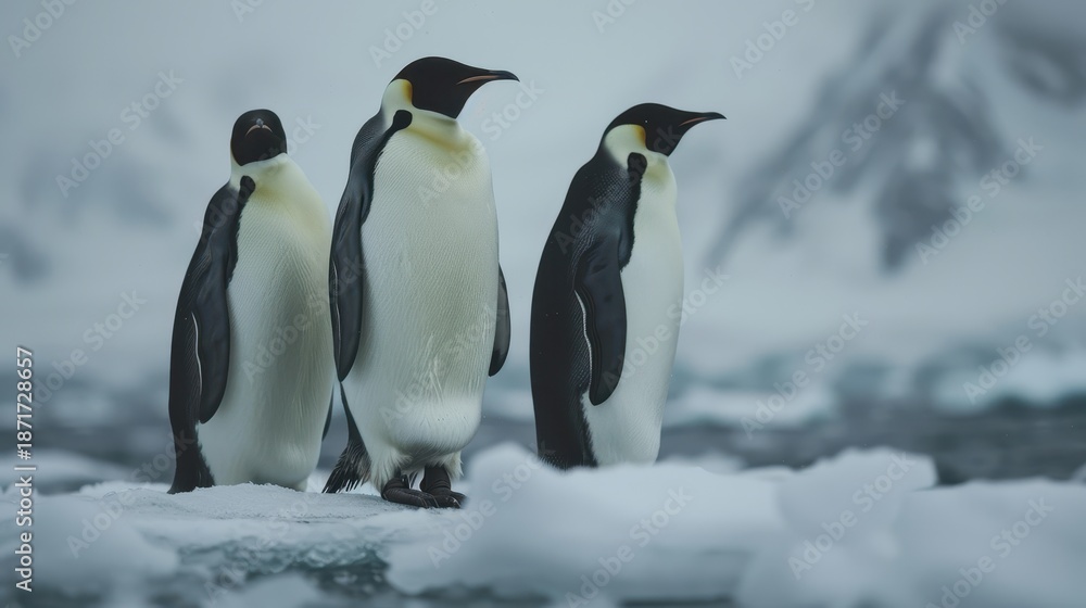 Obraz premium Three Emperor Penguins Standing on Ice in a Cold Antarctic Landscape Amidst Gray Skies and Icebergs, Showcasing Nature's Resilience and Beauty in a Remote Environment