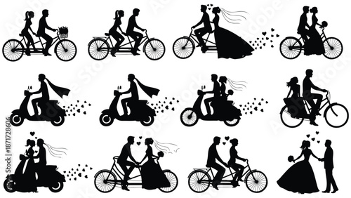 couples riding bicycles and scooters