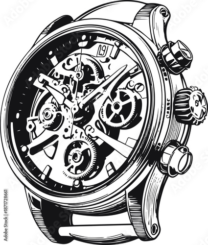Premium line art of a luxury wristwatch exploded view showing internal gears, precision engineering style, monochrome vector