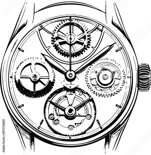 Premium line art of a luxury wristwatch exploded view showing internal gears, precision engineering style, monochrome vector 3