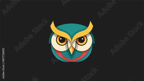 Colorful owl illustration with striking eyes and vibrant design on dark background.