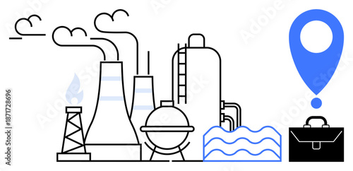 Energy production, industry planning, business logistics, pollution management, renewable resources, urban infrastructure. Factory chimneys, oil rig, water treatment tank business location marker