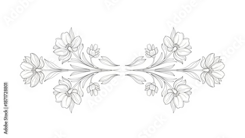 Elegant black and white floral divider ornament with blooming flowers and leaves in a symmetrical vintage style for decorative design elements