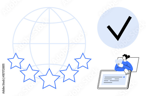 Quality assurance concept. Quality assurance by stars, a global emblem, and a checkmark. Quality assurance ensures trust, reliability, and user satisfaction. For business, technology reviews