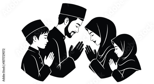 Muslim family praying together in black and white