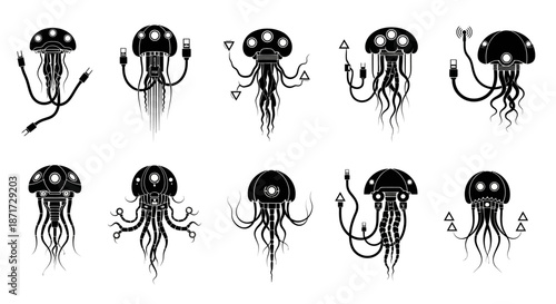 Black and white jellyfish illustrations set.