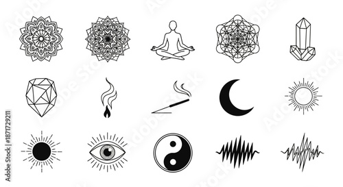 Black and white spiritual symbols icons.