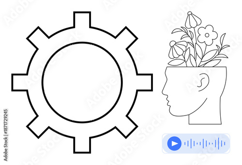 Gear symbolizing process, human head nurturing blooming flowers, and audio player hinting innovation. Ideal for creativity, growth, mindfulness, productivity, innovation, education teamwork simple