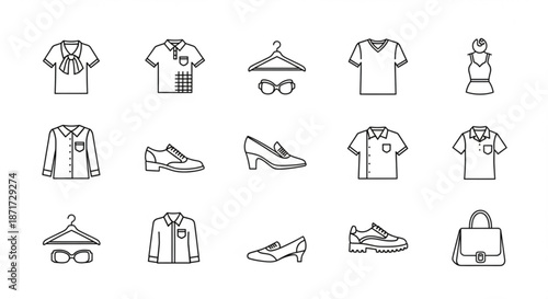 Collection of simple line art icons representing various clothing items and accessories for men and women including shirts shoes and bags with fashion