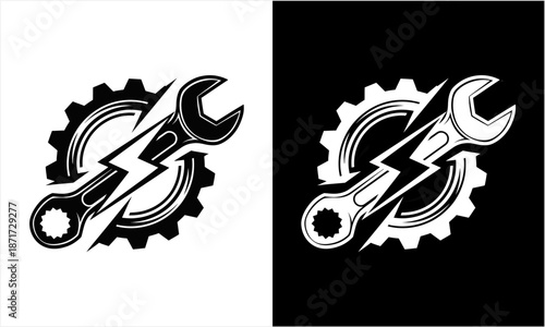 Dynamic Wrench and Gear with Lightning Bolt Logo Design.