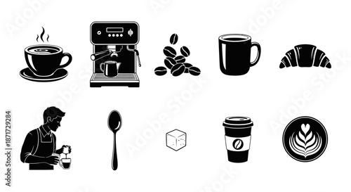 Black coffee cup and coffee beans.