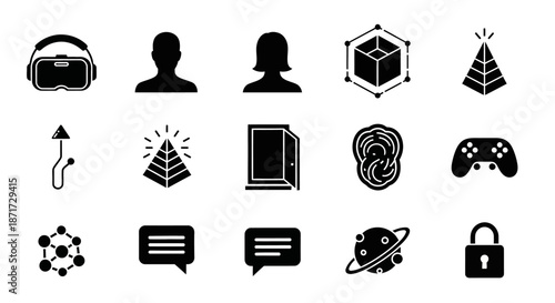 Black icons of technology and communication.