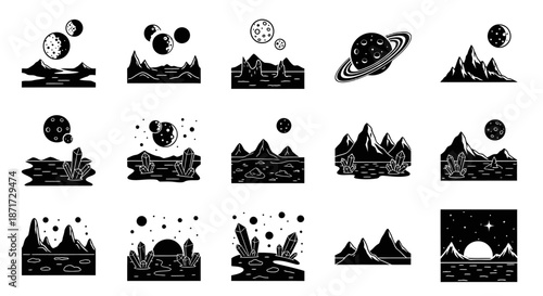 Black silhouette mountain range landscape icons.