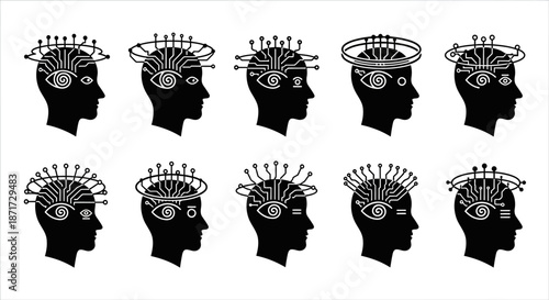 Black silhouettes of human heads with decorative headdresses.