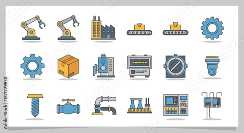 Industrial icons and machinery symbols.