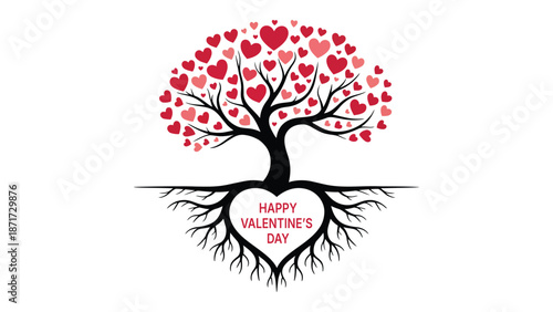 Happy valentine’s day heart shaped tree with roots and red hearts isolated on white background romantic love concept illustration design