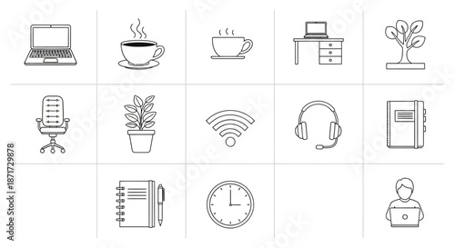 Line icons of office and technology.