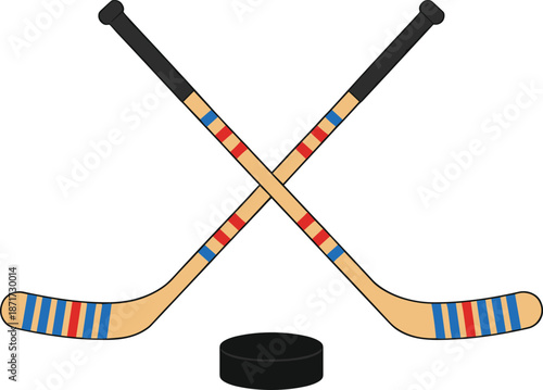 Crossed ice hockey sticks with colorful tape design and black puck in a clean modern sports vector illustration