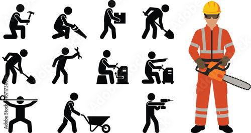 Construction worker pictogram set with safety helmet labor activities tools machinery and professional worker isolated on white background