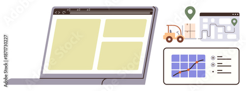 Logistics, e-commerce, data analysis, supply chain, inventory tracking, digital tools. Laptop showing a user interface, with a delivery map and a graphical data chart. Logistics and e-commerce tools