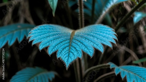 Vibrant blue-green furry leaf with serrated edges close-up