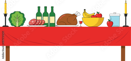 Festive banquet table with roasted turkey, fruits, vegetables, drinks, candles, and food items in colorful vector illustration